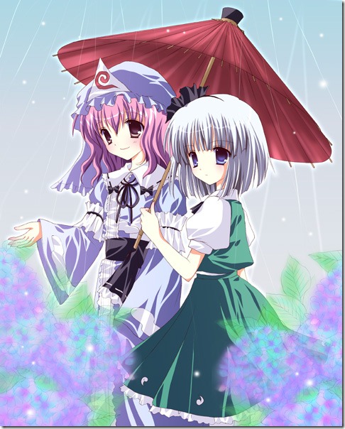Yuyuko e Youmu passeando na chuva.