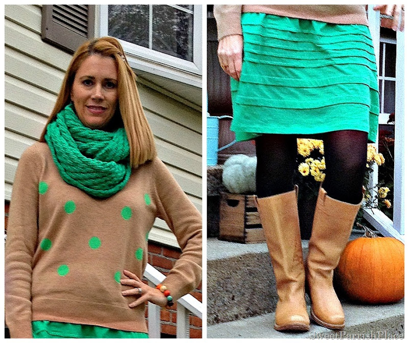 green skirt, polka dots, black tights, tan high boots