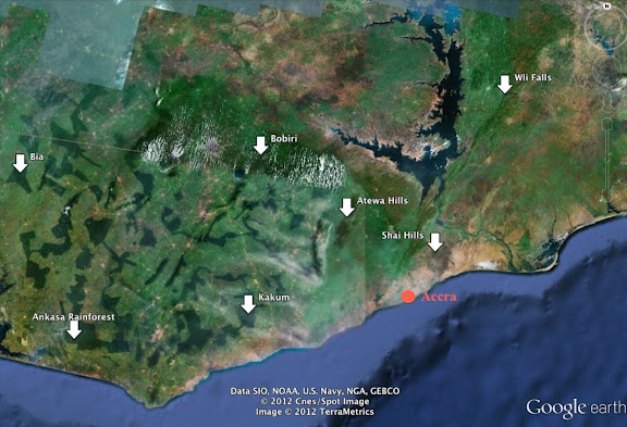 Sites prospectés au Ghana (2006 - 2009)