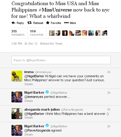Nigel Barker agrees that Miss Philippines Janine Tugonon had the best answer