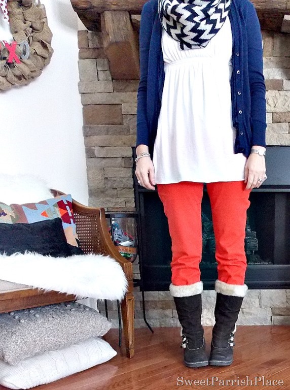 orange skinny jeans, white tunic, navy cardigan and chevron scarf with brown furry boots2