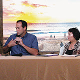 K?hei Community Association President Jon Miller (left) and Maui Electric Company (MECO) Principal Engineer Garth Turley exchange views about MECOâ€™s plan to service the power needs of South Maui via 70-foot power poles and transmission lines along Piâ€˜ilani Highway. Munekiyo & Hiraga Senior Associate Cheryl K. Okuna and Ernie Rezents of the Maui Outdoor Circle also participated in the panel discussion.  (Photo From Maui Weekly)