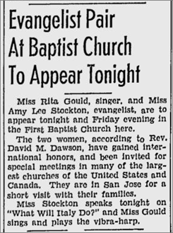 c0 Short mention in the June 5, 1940 edition of the San Jose Evening News about Miss Amy Lee Stockton and Miss Rita Gould