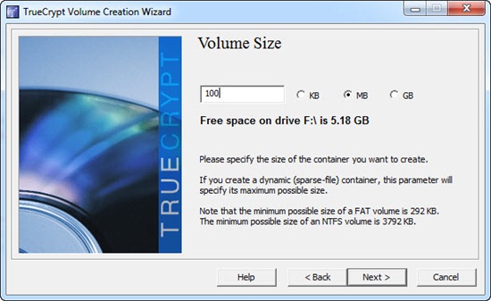 Menentukan ukuran file volume drive di program TrueCrypt
