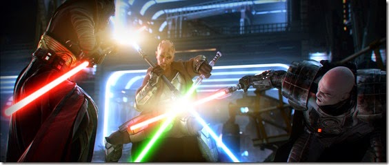 A skilled Jedi Master duels with two Sith Lords