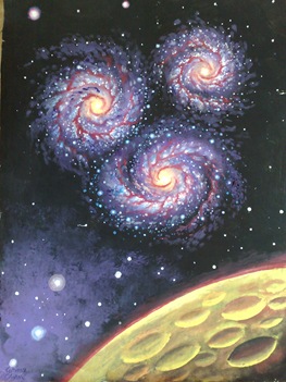 Galaxy trio painting - Trei galaxii - Pictura in tempera