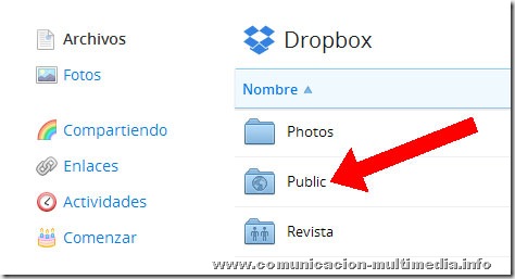 Ubicación de la carpeta pública (public) en la interfaz de  Dropbox.