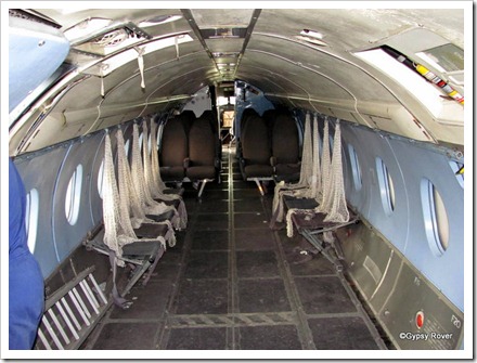 Looking forward inside a Mk1 Hawker Siddeley Andover. Note the rear facing passenger seats.