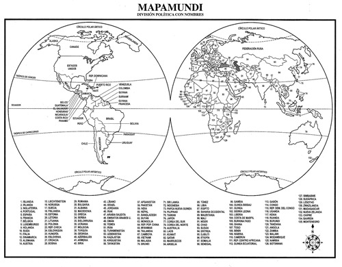 Mapamundi con división política con nombres
