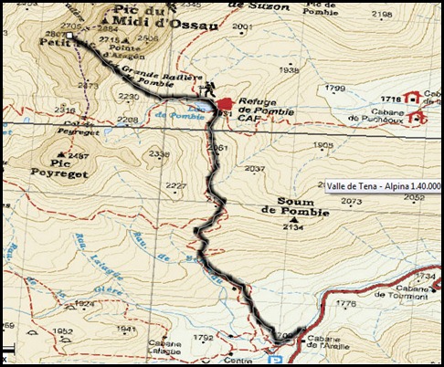Corredor de La Fourche 350m AD  50º y Petit Pic 150m IV 60º (Midi d'Ossau, Portalet) Mapa