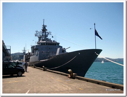 HMNZS Te Mana at the Overseas terminal for the Navy's 70th anniversary.