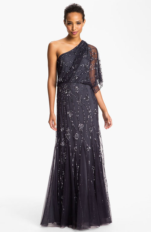 Adrianna Papell Beaded One Shoulder Gown (CHARCOAL)