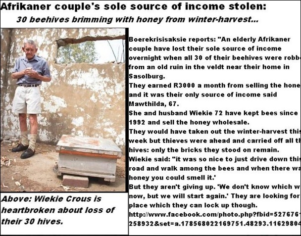 CROUS Beekepers Mathilda 67 and Wiekie 72 all 30 hives looted lose their income Vaalpark Sasolburg