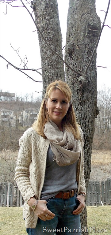 boyfriend jeans, grey T shirt, granny sweater, caged booties2