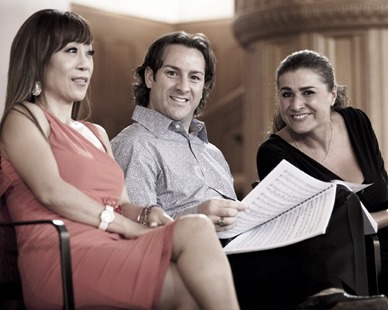 Sumi Jo (left), John Osborn (center), and Cecilia Bartoli (right) duing recording sessions for Bellini's NORMA [Photo by Benjamin Ealovega, courtesy of Opernhaus Zürich and DECCA]