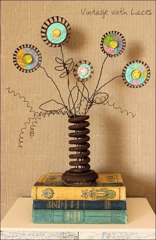 Rusty Map Flowers - An upcycled spring bouquet by Vintage with Laces