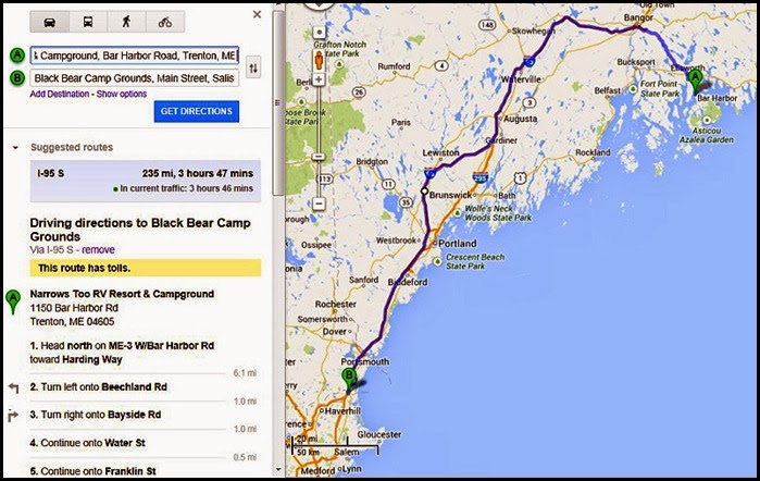 00b - Travel Map - Narrows Too CG, Trenton Maine to Black Bear CG, Salisbury, Mass