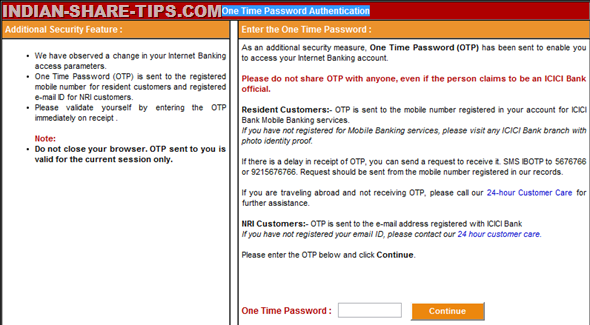 One time password authentication for ICICI bank