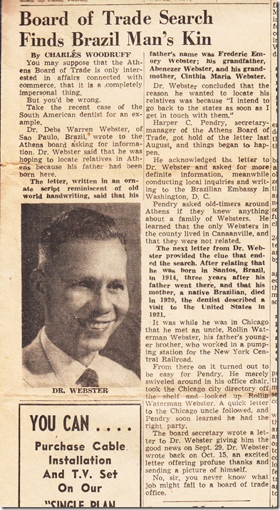 Debs Webster Article in The Athens Messenger 1952 