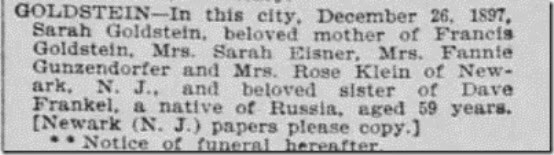 Sarah Frankel Goldstein Obit SF Call 27 Dec 1897 First Edition