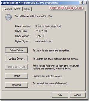 Sound Blaster X-Fi Pro Surround 5.1 Pro USB running on Windows Server 2008 - Device properties