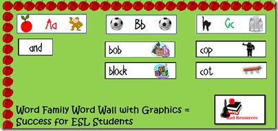 Bulletin boards should be educational, not decoration.  Stop by Raki's Rad Resources for ideas on how to make your bulletin boards more educational.  Word Family word wall, with graphics to help out ESL students.