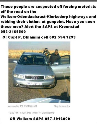 WELKOM white male and white couple forced off road attacked robbed July 15 July 17