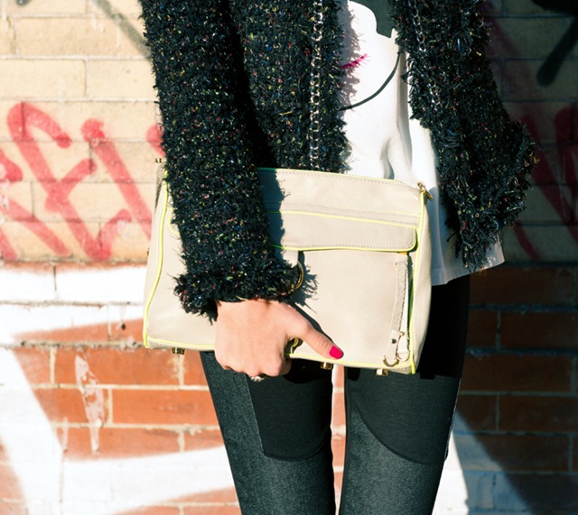 street style fashion blogger misspouty blog multicolor tweed jacket denim leggings lace booties rebecca minkoff clutch3