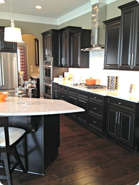 black cabinets light counters