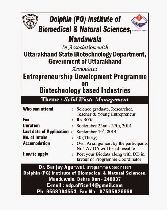 Dolphin Institute Entrepreneurship Development Program on Biotech based Industries (Theme : Solid Waste Management) | September 22-27, 2014
