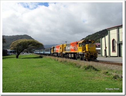 The Trans Alpine express moving off Greymouth station to turn the train.