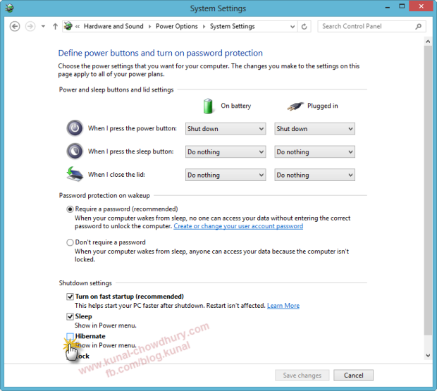In Windows 8 Power Options System Settings, Choose Change Settings select the Hibernate check box