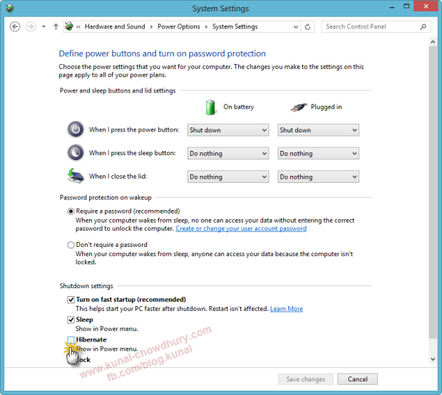In Windows 8 Power Options System Settings, Choose Change Settings select the Hibernate check box In Windows 8 Power Options System Settings, Choose Change Settings select the Hibernate check box