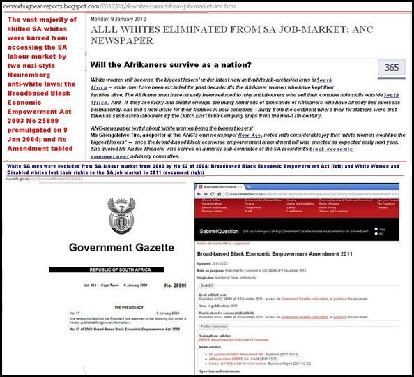 WHITES ALL BARRED FROM SA LABOUR MARKET 9 JAN 2012