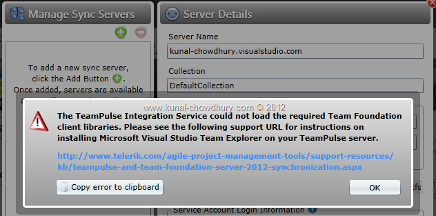 Error Message: The TeamPulse Integration Service could not load the required Team Foundation client libraries Error Message: The TeamPulse Integration Service could not load the required Team Foundation client libraries