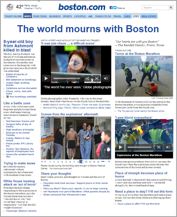 A screen grab of the Boston Globe home page from April 16, 2013.