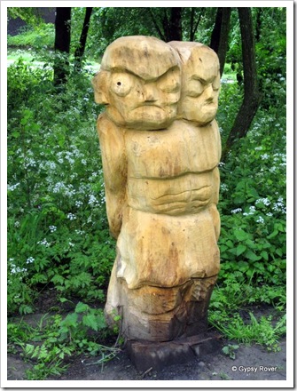 Wood carvings on the trail through Burrs Country Park.