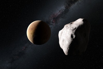 ilustração do asteroide Lutécia próximo de um planeta