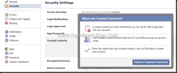 Facebook Security Settings - Trusted Contacts