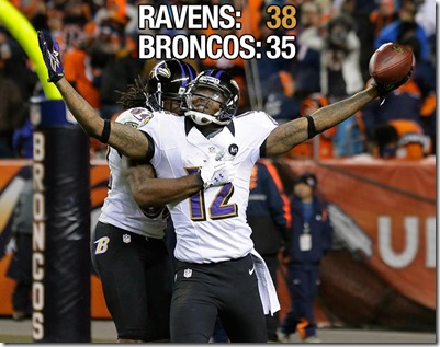 Final 2OT score 38 Ravens 35 Broncos 1.12.13