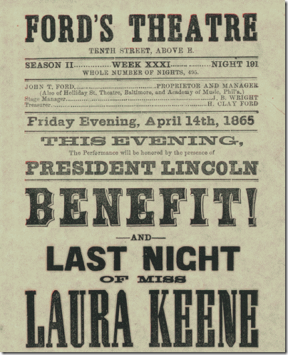 Ford's Theatre poster - April 14, 1865