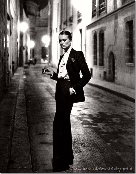 Le smoking tuxedo for women designed by Yves Saint Laurent, 1966 Iconic 1975 photo by Helmut Newton
