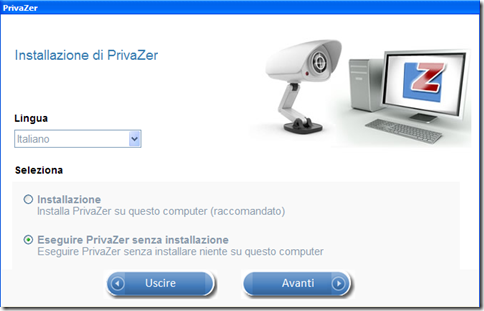 PrivaZer selezione lingua e metodo di esecuzione