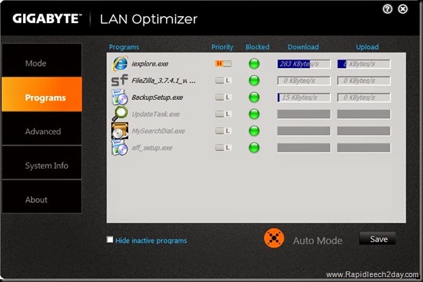 LAN Optimizer Programs Menu