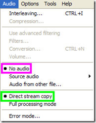 VirtualDub Audio No audio Direct stream copy