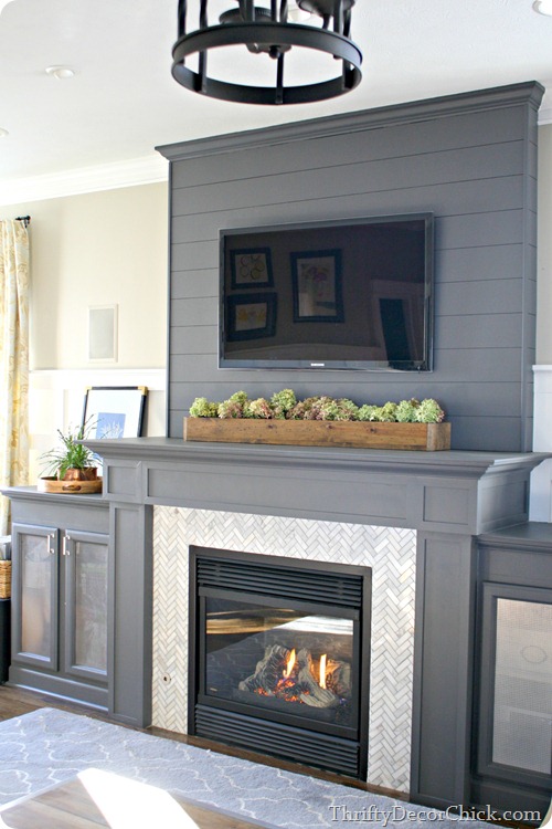 gray fireplace herringbone tile @thriftydecorchick