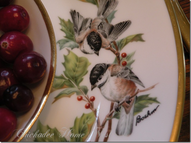 Boehm Chickadees and Holly Christmas china, Christmas table at Chickadee Home Nest