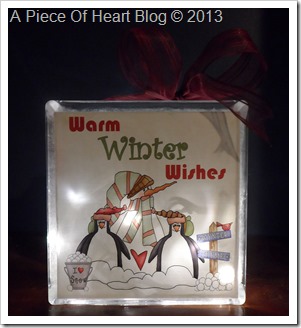 Warm Winter Wishes Snowman Glass Block dark