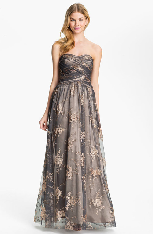 Hailey by Adrianna Papell Strapless Glitter Tulle Gown (CHARCOAL/ CHAMPAGNE)