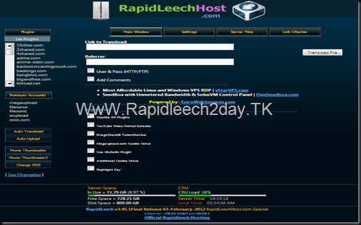New Server Rapidleech - Rapidleech v3.45.1Final Release 03-February-2012 - 134 Plugins - Premium Accounts : wupload, oron